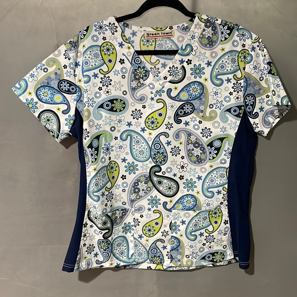 Navy, White and Green Scrub Top
